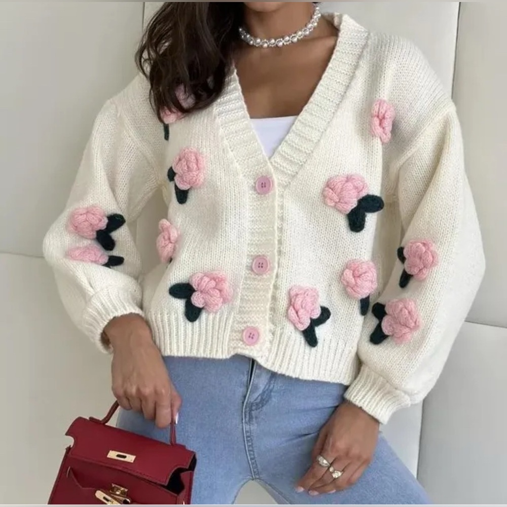 Luna Ivy Floral Embellished Cream Cardigan Sweater - image 2